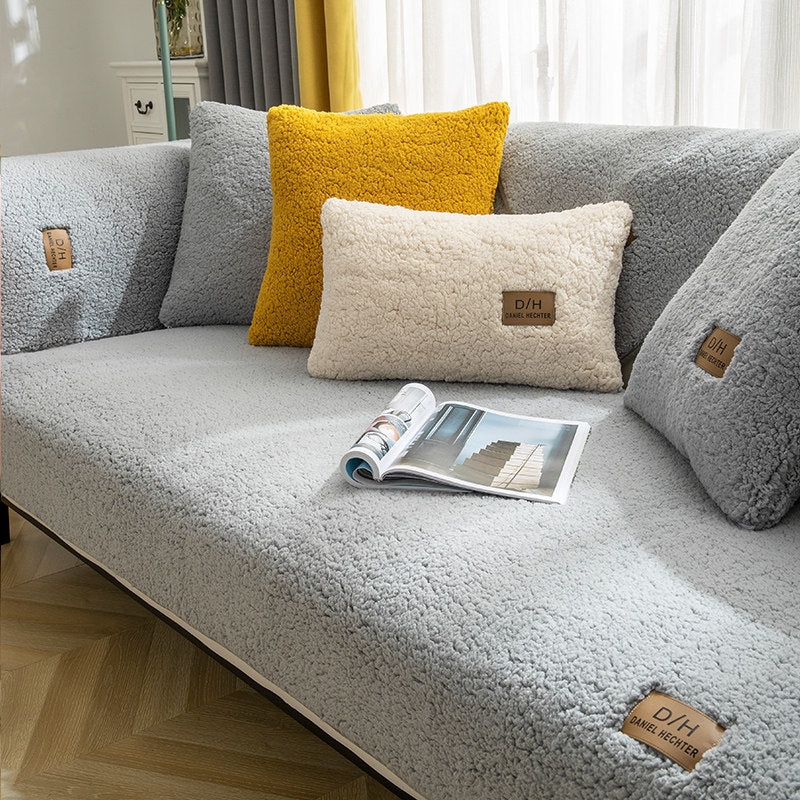 Lamb Wool Anti-slip Sofa Cover Thicken Plush Beige 70x70cm