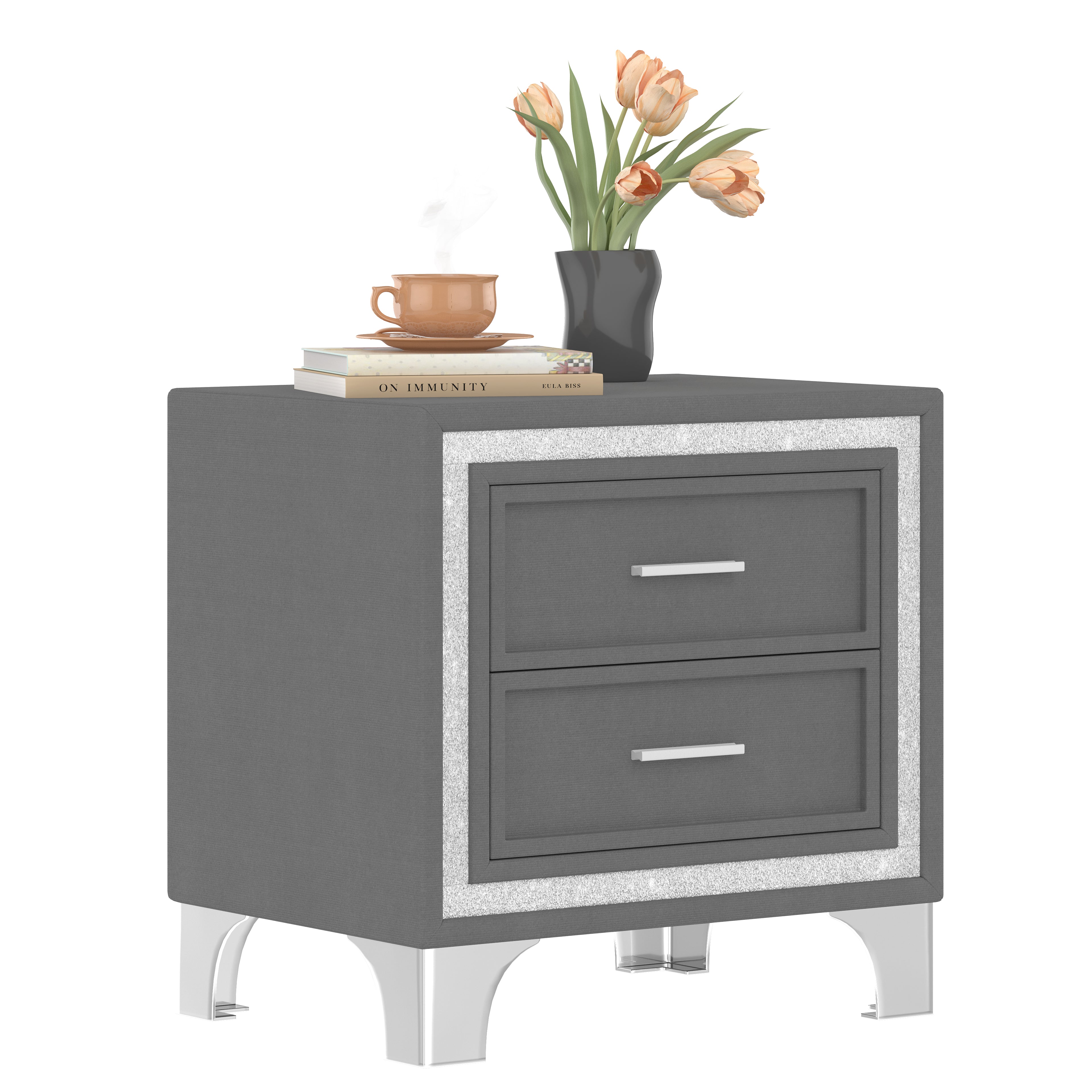 Mid Century Vintage Nightstand With Silver Glitter Strip Decor And Metal Legs