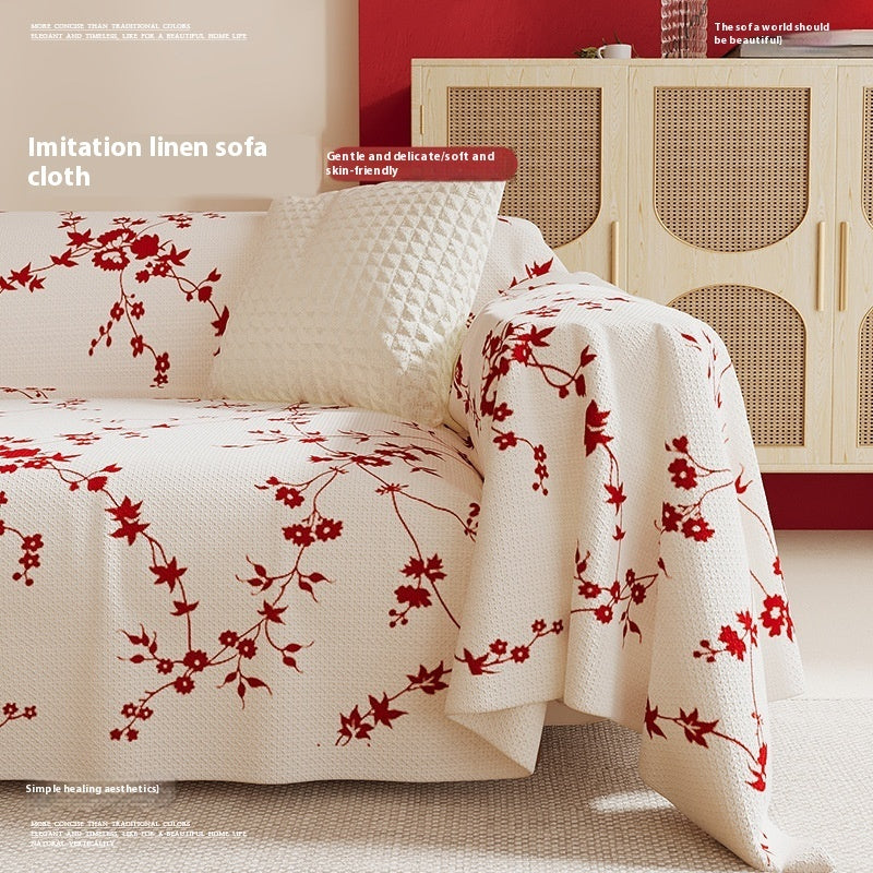 Chinese Style Chenille Sofa Cover Red Floral Design