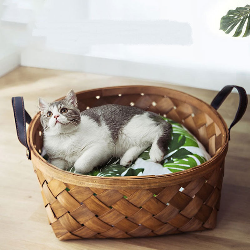 Bamboo Rattan Pet Bed House for Cats and Dogs