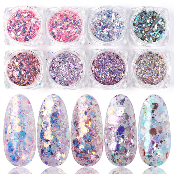 Iridescent Hexagon Glitter Nail Art Powder Set 8 Boxes