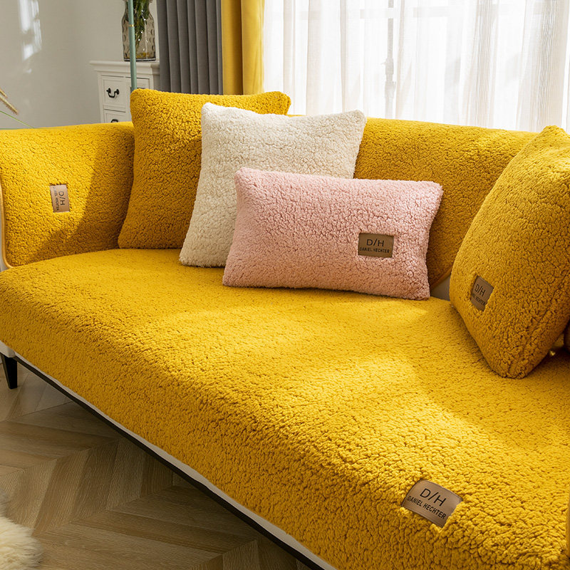 Lamb Wool Anti-slip Sofa Cover Thicken Plush Beige 70x70cm