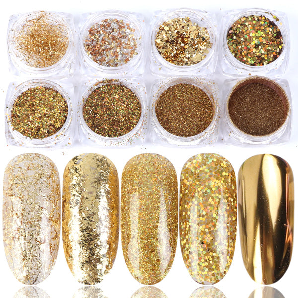 Iridescent Hexagon Glitter Nail Art Powder Set 8 Boxes