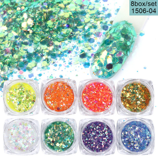 Iridescent Hexagon Glitter Nail Art Powder Set 8 Boxes
