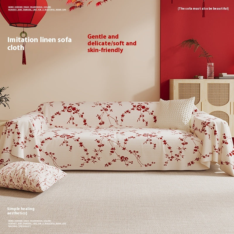 Chinese Style Chenille Sofa Cover Red Floral Design