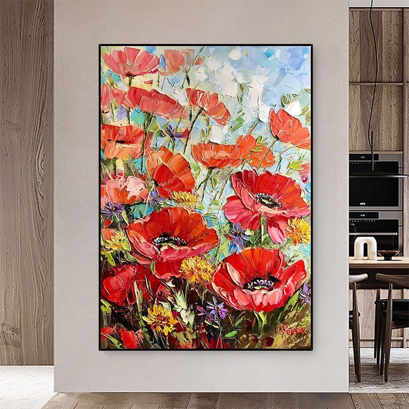 Red Flowers Hand Painted Canvas Art for Living Room