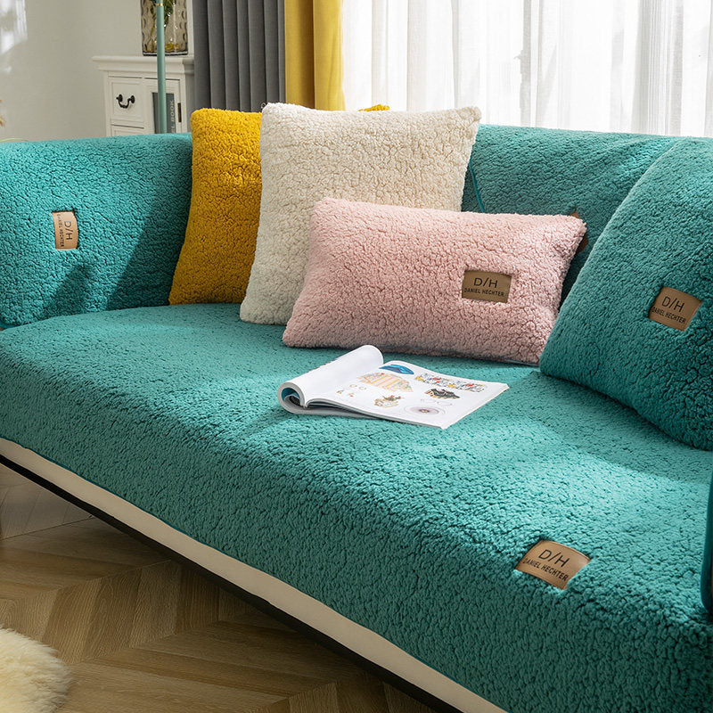 Lamb Wool Anti-slip Sofa Cover Thicken Plush Beige 70x70cm
