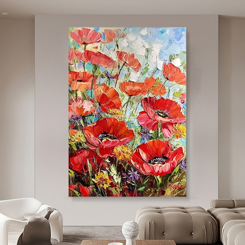 Red Flowers Hand Painted Canvas Art for Living Room