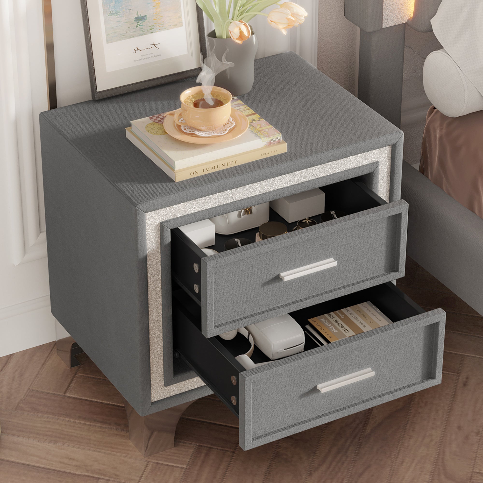 Mid Century Vintage Nightstand With Silver Glitter Strip Decor And Metal Legs