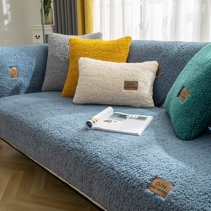 Lamb Wool Anti-slip Sofa Cover Thicken Plush Beige 70x70cm