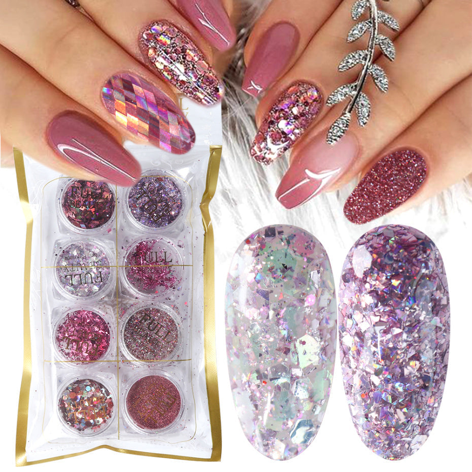 Iridescent Hexagon Glitter Nail Art Powder Set 8 Boxes