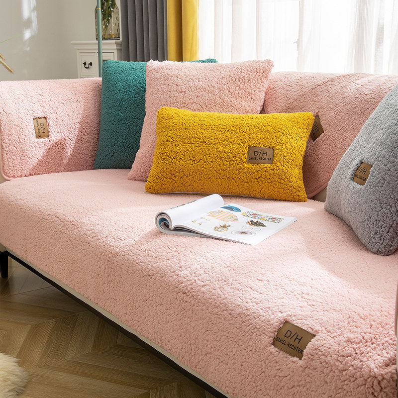 Lamb Wool Anti-slip Sofa Cover Thicken Plush Beige 70x70cm