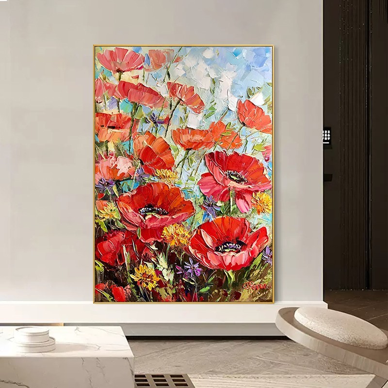 Red Flowers Hand Painted Canvas Art for Living Room