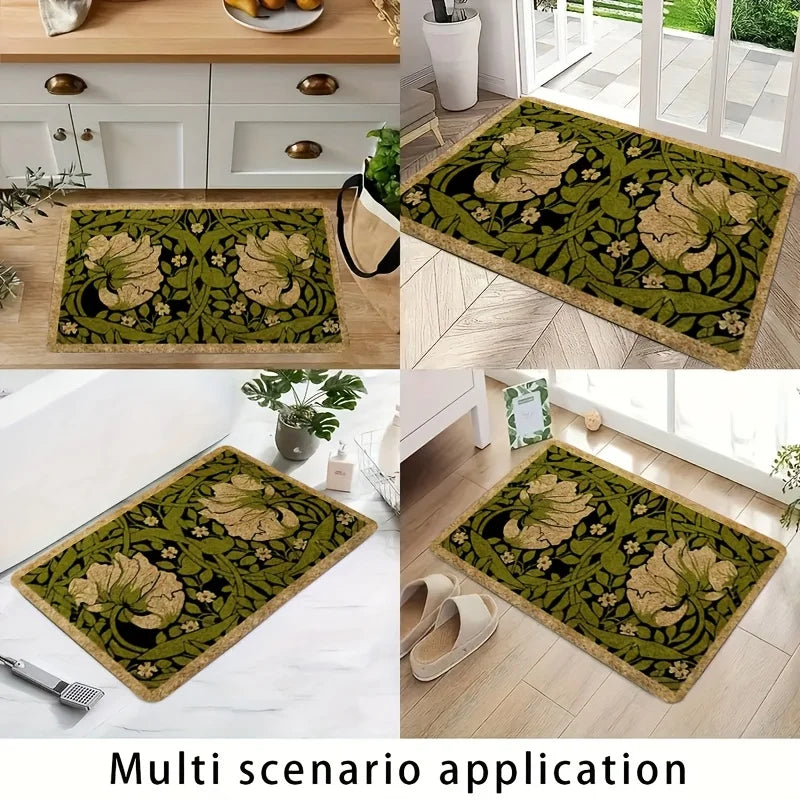 Green Floral Doormat 100% Polyester Machine Washable