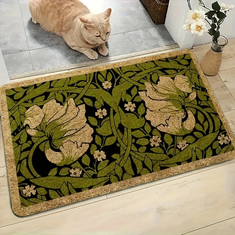 Green Floral Doormat 100% Polyester Machine Washable