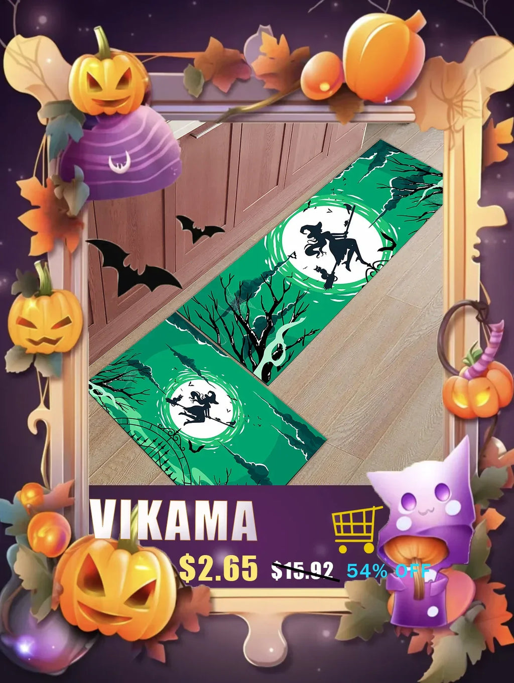 VIKAMA Black Spider Web Halloween Rug Bath Mat