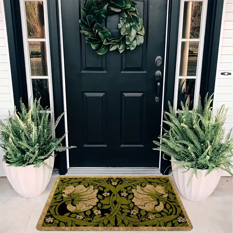 Green Floral Doormat 100% Polyester Machine Washable
