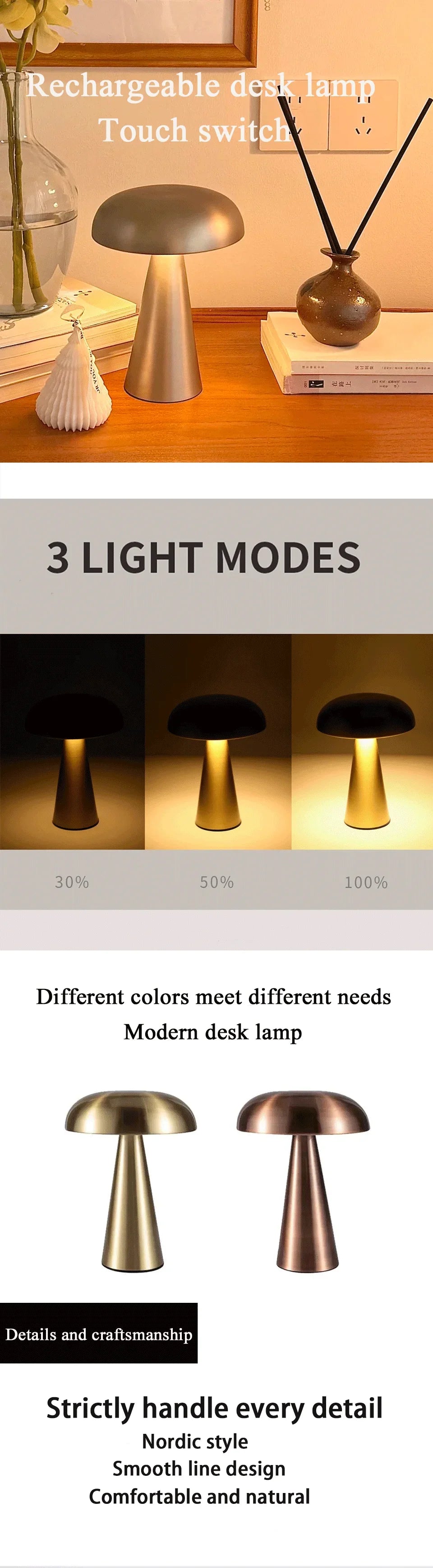 Mushroom LED Table Lamp Touch Sensor Rechargeable