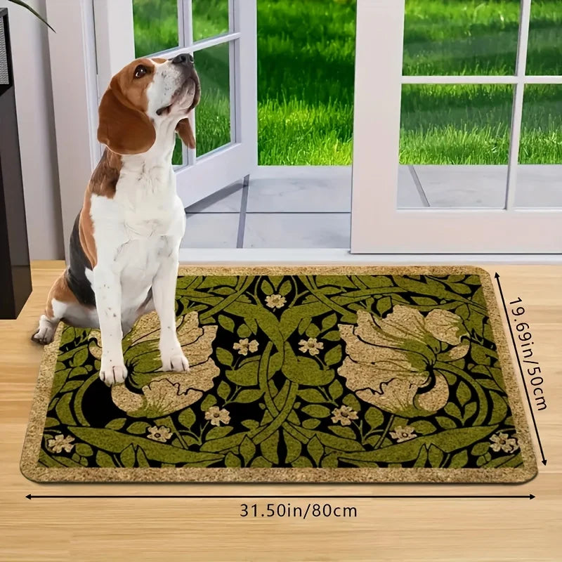 Green Floral Doormat 100% Polyester Machine Washable