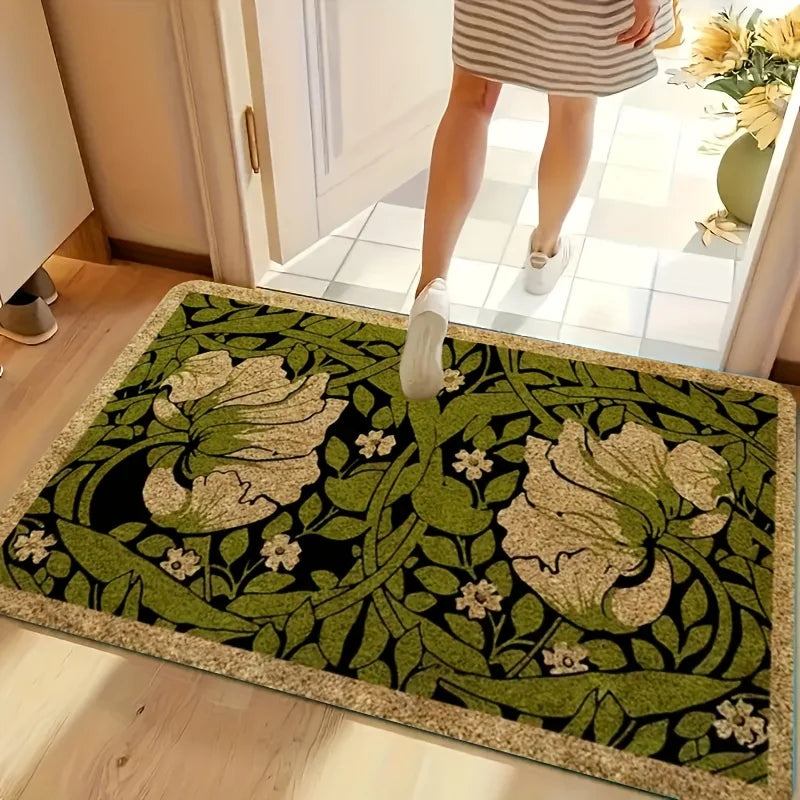 Green Floral Doormat 100% Polyester Machine Washable