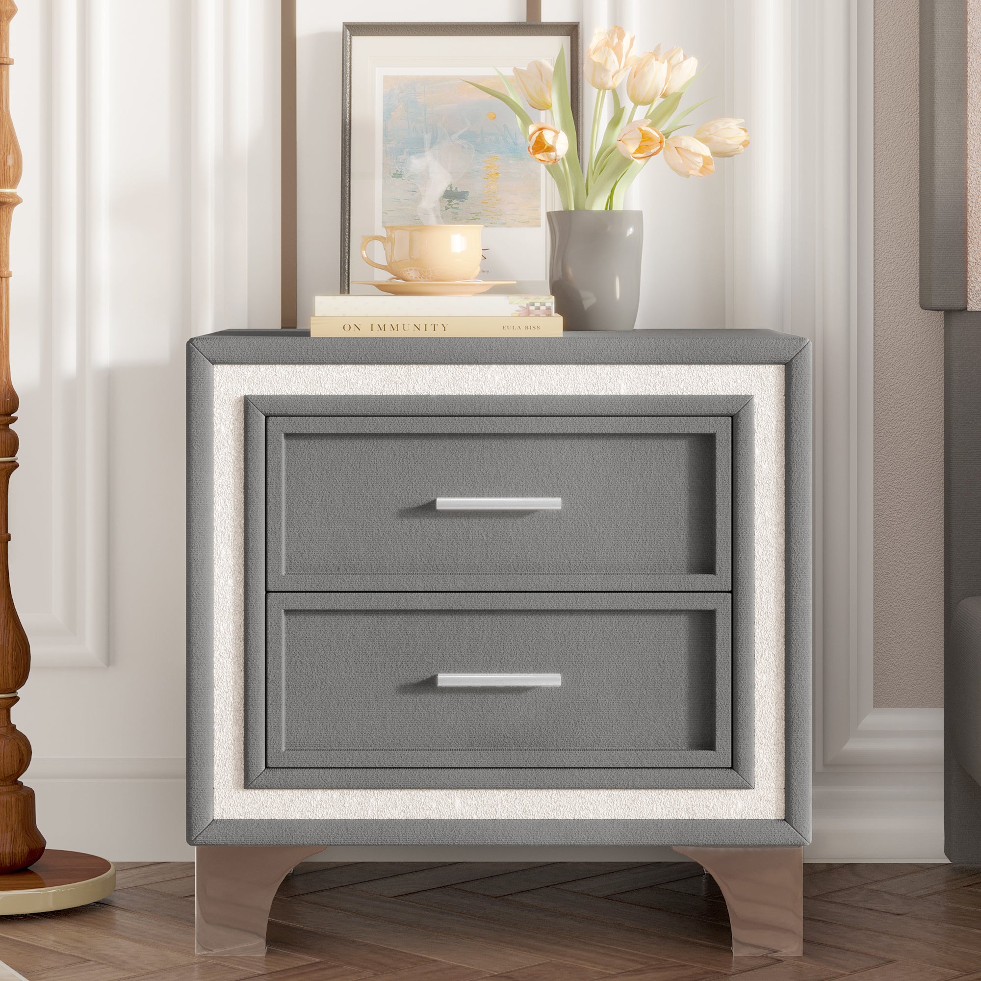 Mid Century Vintage Nightstand With Silver Glitter Strip Decor And Metal Legs