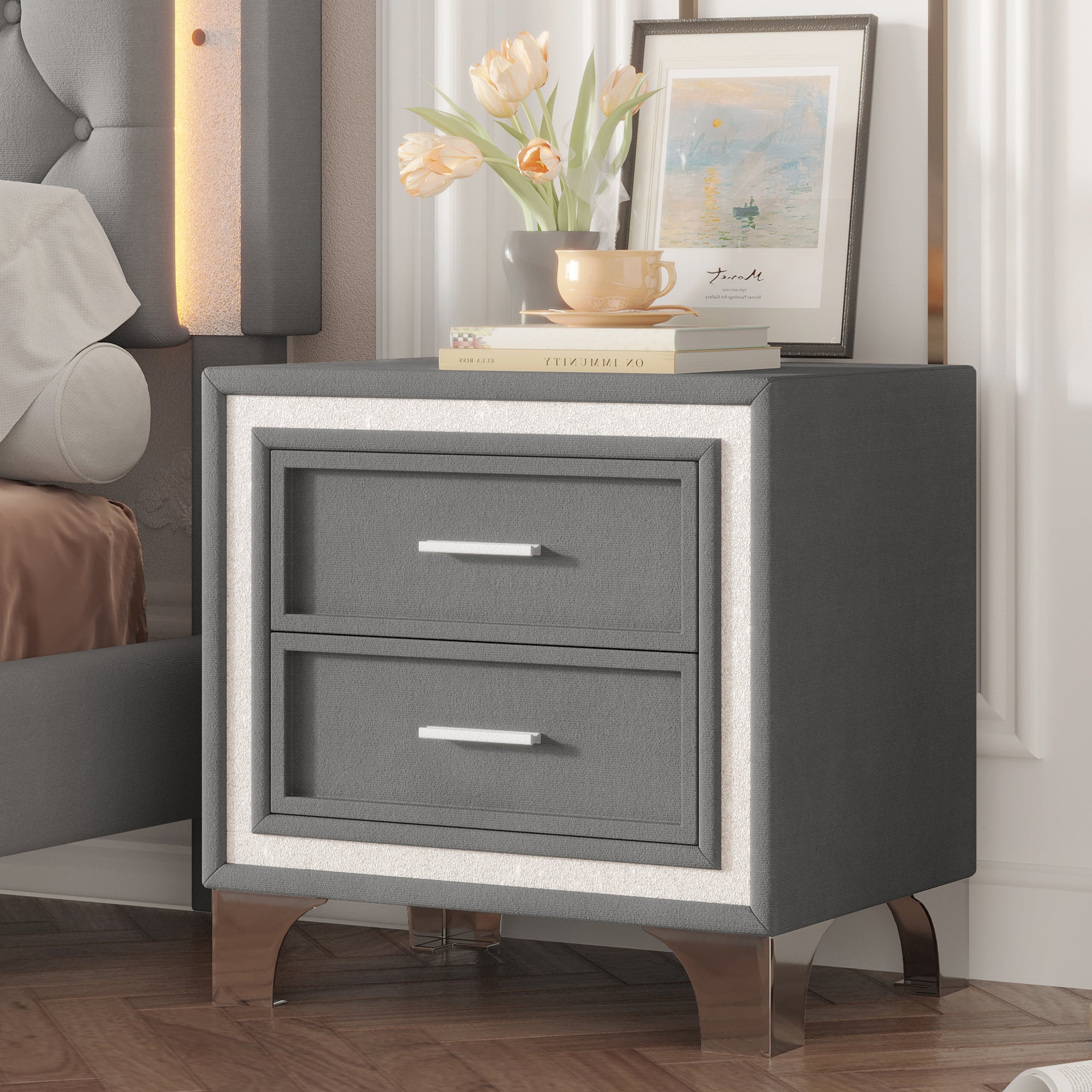 Mid Century Vintage Nightstand With Silver Glitter Strip Decor And Metal Legs