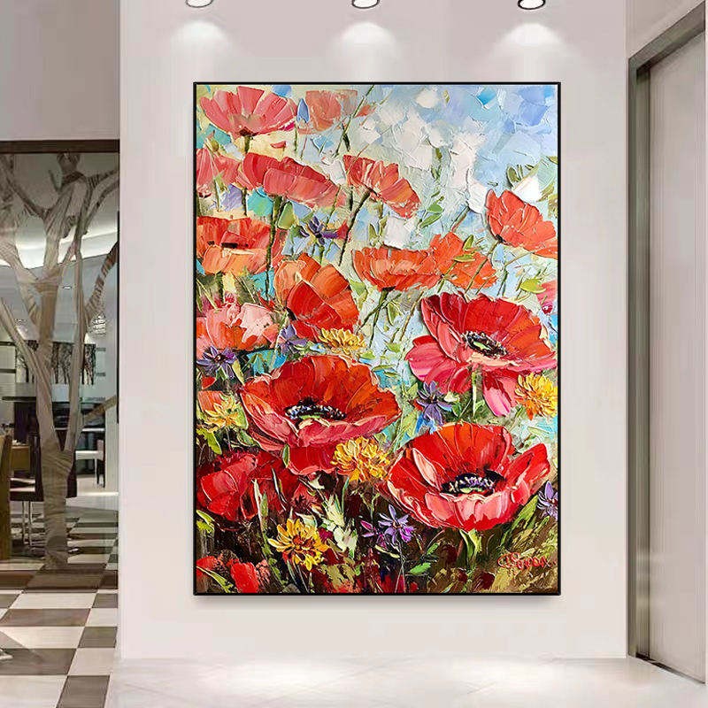 Red Flowers Hand Painted Canvas Art for Living Room