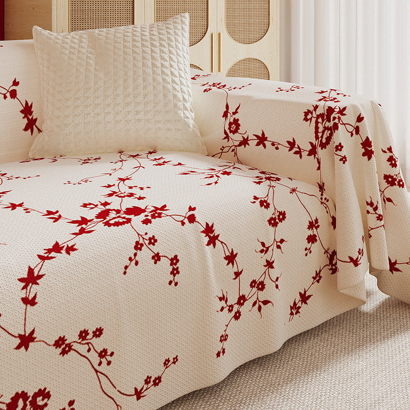 Chinese Style Chenille Sofa Cover Red Floral Design