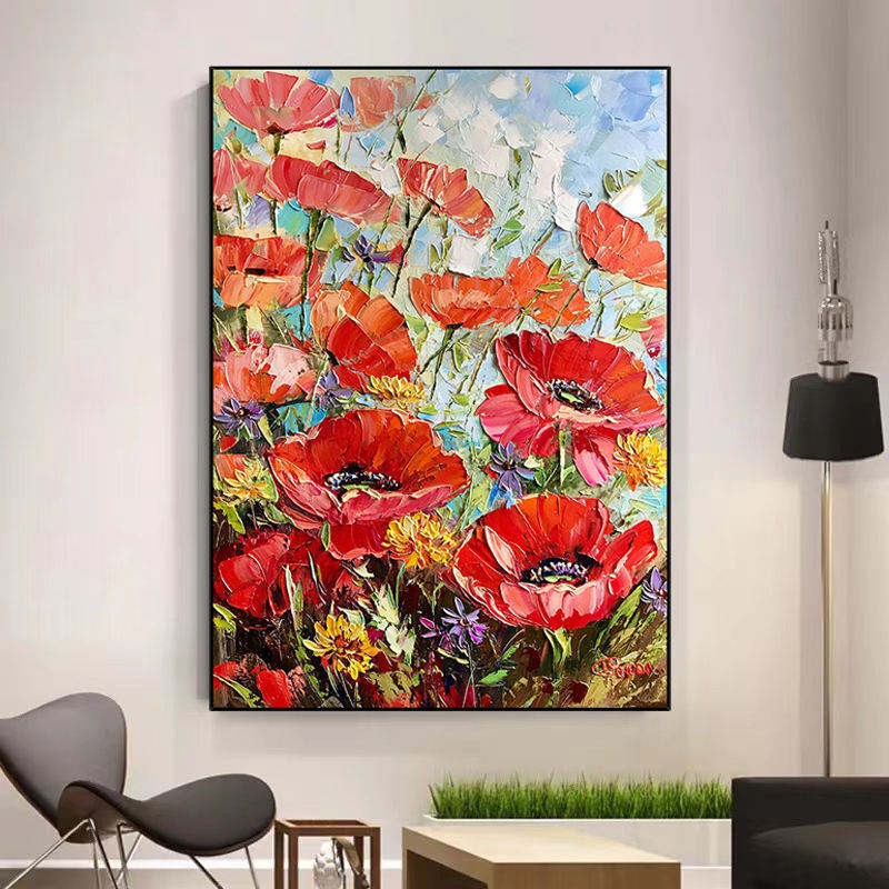 Red Flowers Hand Painted Canvas Art for Living Room
