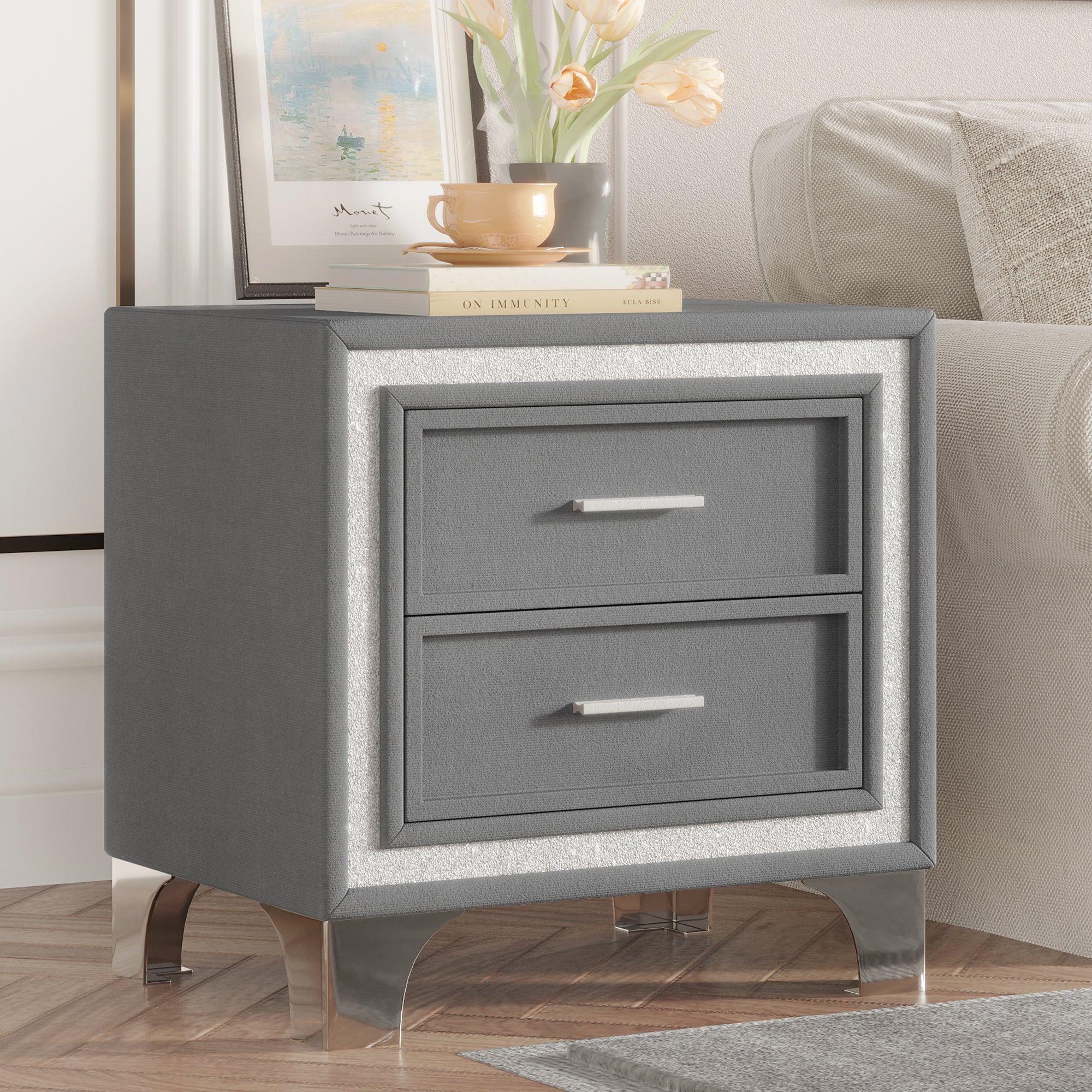 Mid Century Vintage Nightstand With Silver Glitter Strip Decor And Metal Legs