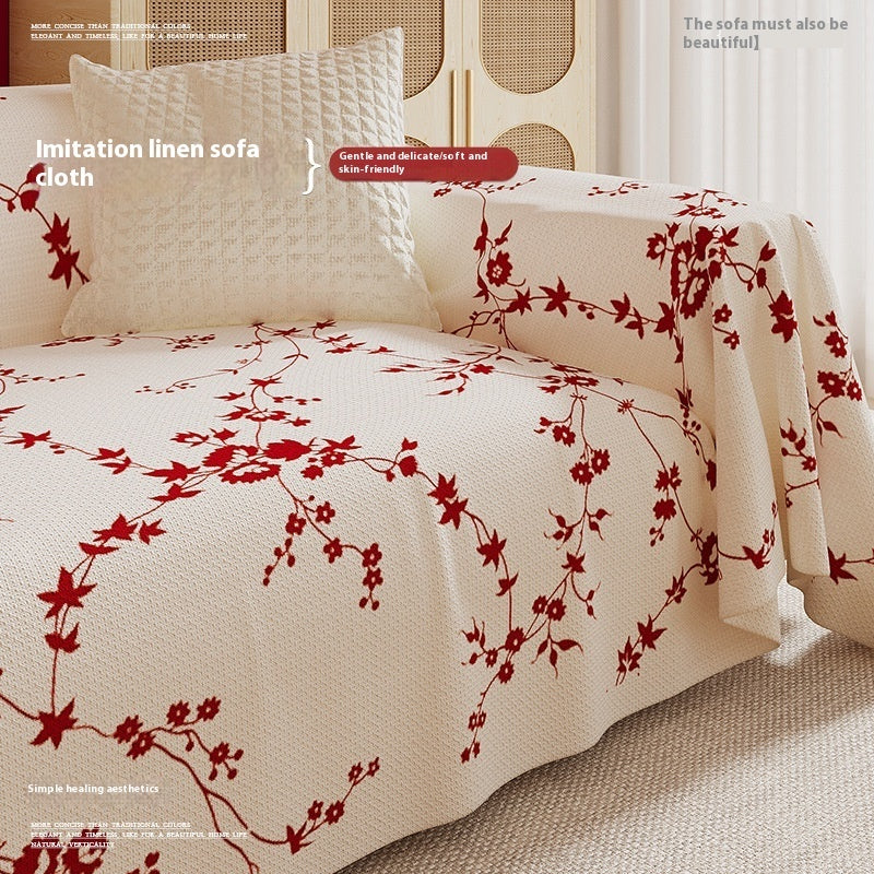Chinese Style Chenille Sofa Cover Red Floral Design