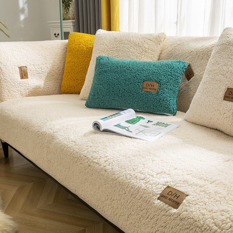 Lamb Wool Anti-slip Sofa Cover Thicken Plush Beige 70x70cm